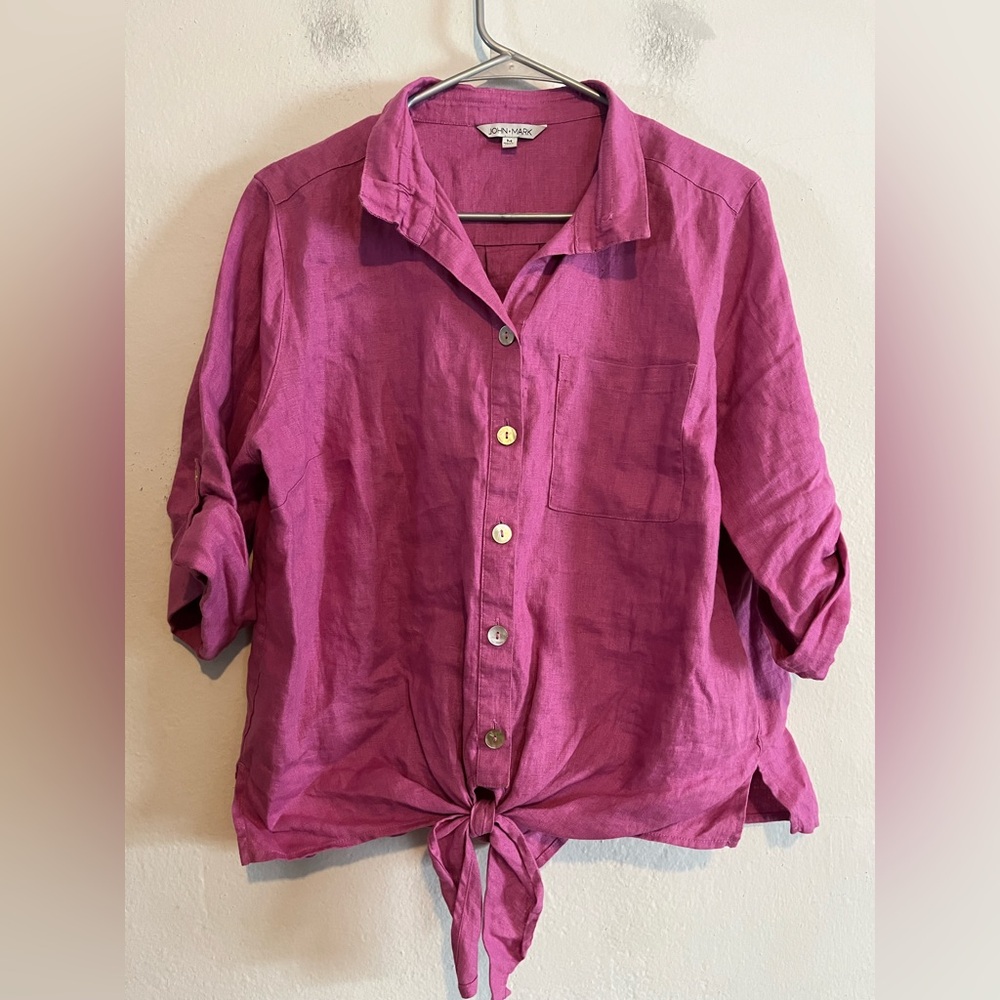 John Mark 100% Linen Pink Lagenlook Artsy Button Down Tie Waist Blouse Medium